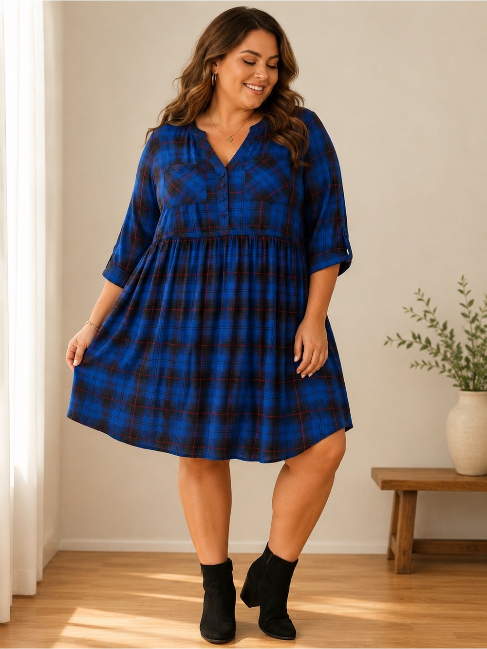 Torrid Size 1 Blue Plaid Babydoll Tunic Dress Red Black Plaid Plus Size